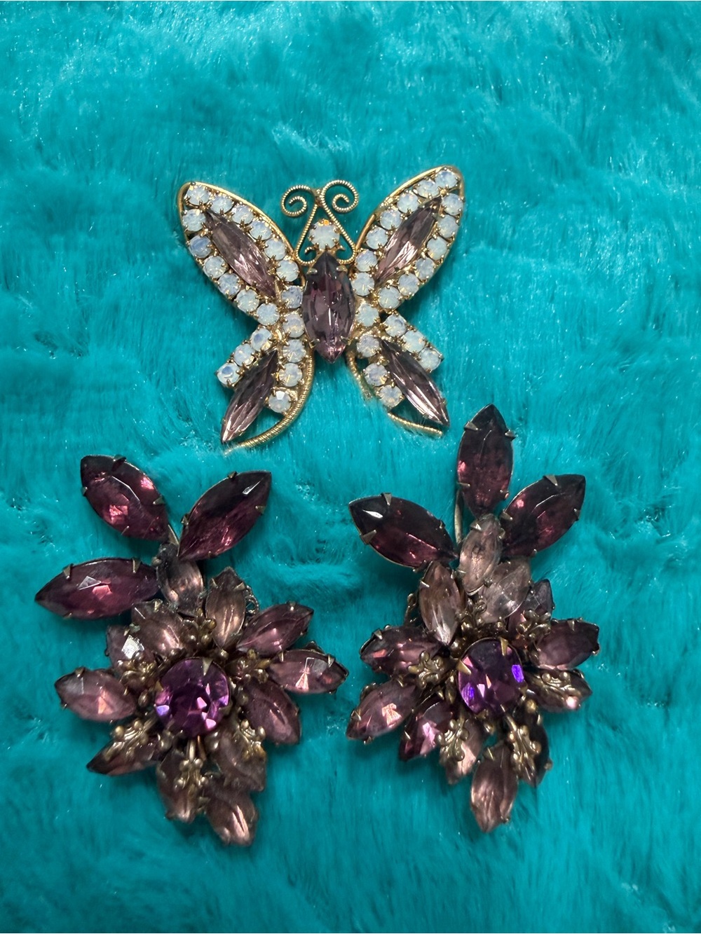 Gold-Tone Purple Crystal Butterfly Brooch and Floral Clip-On Earrings Set.